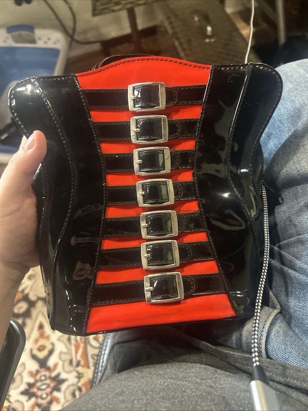 Demonia Black Red Patent Corset Buckle Gothic Punk Backpack Bag NWT